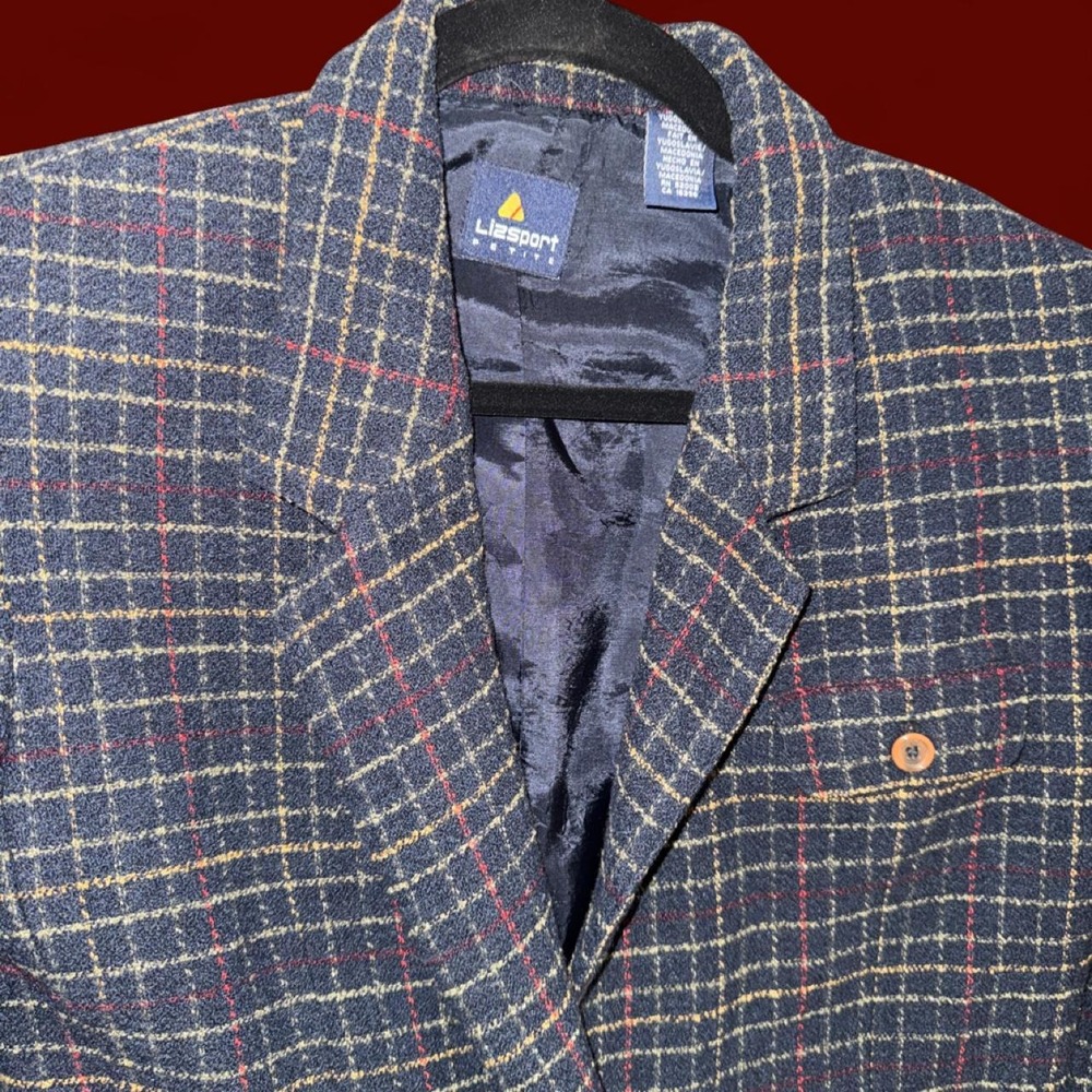 Lizsport Vintage Plaid Wool Blend Blazer Women's Petite Size 2 Navy Tweed - Picture 2 of 3